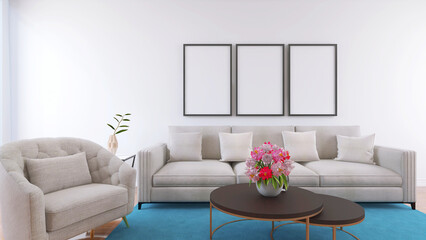 Wall Poster Frame Mockup in a living room wall with Sofa and Decor. 3D Render