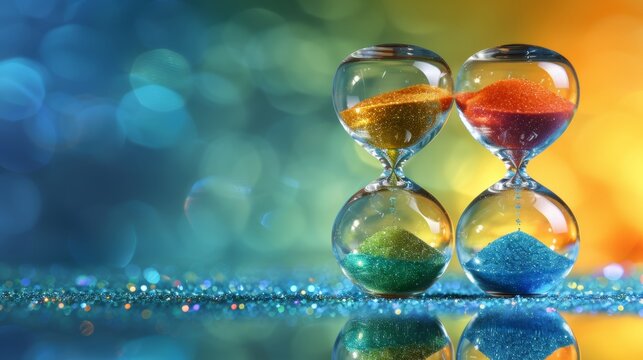 Vibrant sand timer on blue background with ample space for text placement and customization