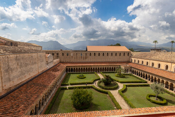 MONREALE, ITALY 16 JUNE, 2023 - Aerial view of the Benedictine Cloister in Monreale, province of...