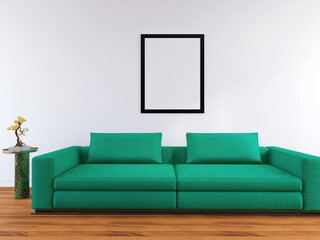 Modern Living Room Wall Poster Frame Mockup with  Sofa and Decor. 3D Render