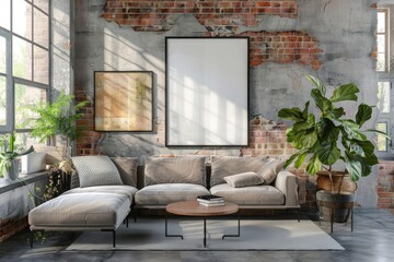 Frame mockup, a chic, contemporary loft apartment with exposed brick walls, modern art, and large...