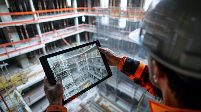 Construction Civil Engineer use technology software through tablets to scan building construction and inspection to show augmented reality in work, Building information model or BIM concept