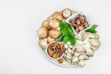 Assortment of various mushrooms - fresh, dried and pickled. Oyster, cremini, porcini and shiitake