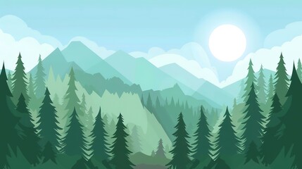 Fototapeta premium Forested mountain landscapes flat design front view woodland hiking theme animation Complementary Color Scheme
