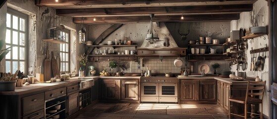 Frame mockup, a rustic farmhouse kitchen with wooden beams, vintage cookware, and a large hearth, evoking warmth and homeliness