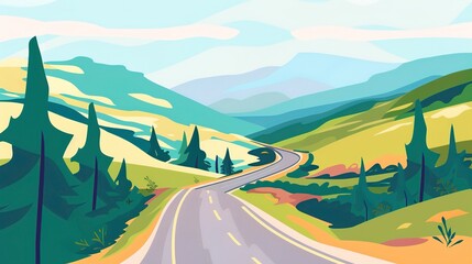 Road through hills brochure flat design side view tourist accessibility theme cartoon drawing Split-complementary color scheme 