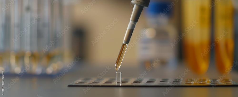 Poster pipette and test tube in a lab setting, with a focus on accurate sample addition. great for illustra