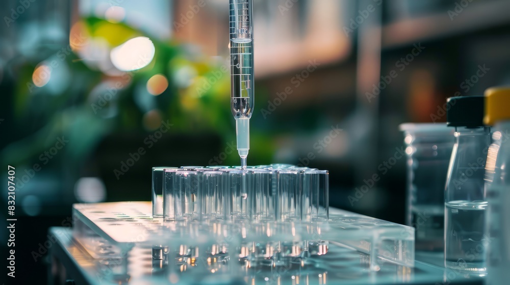 Poster pipette and test tube in a lab setting, with a focus on accurate sample addition. great for illustra