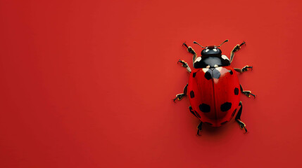 A red ladybug with black spots is sitting on a solid red background. The ladybug is in focus and the background is slightly blurred. - Powered by Adobe