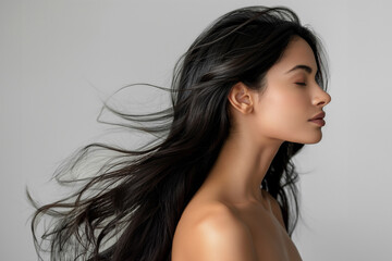 Side profile of a woman with long, dark hair flowing gently in the breeze against a light background
