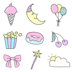Cute pastel doodle style design element set