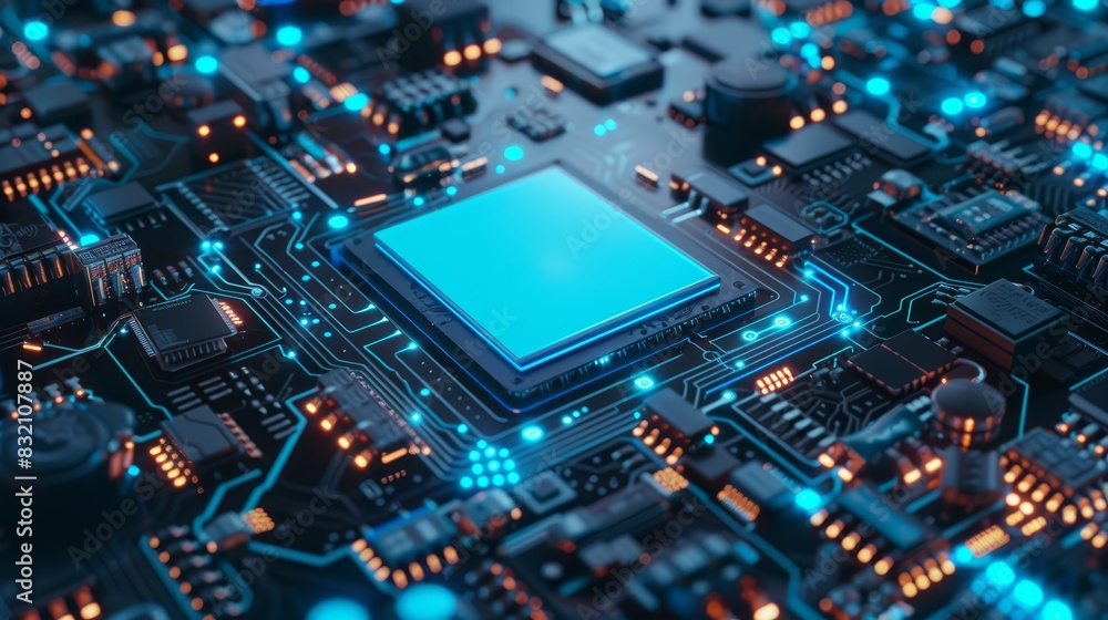 Poster vibrant circuit board with a glowing blue processor, showcasing the power and complexity of modern c