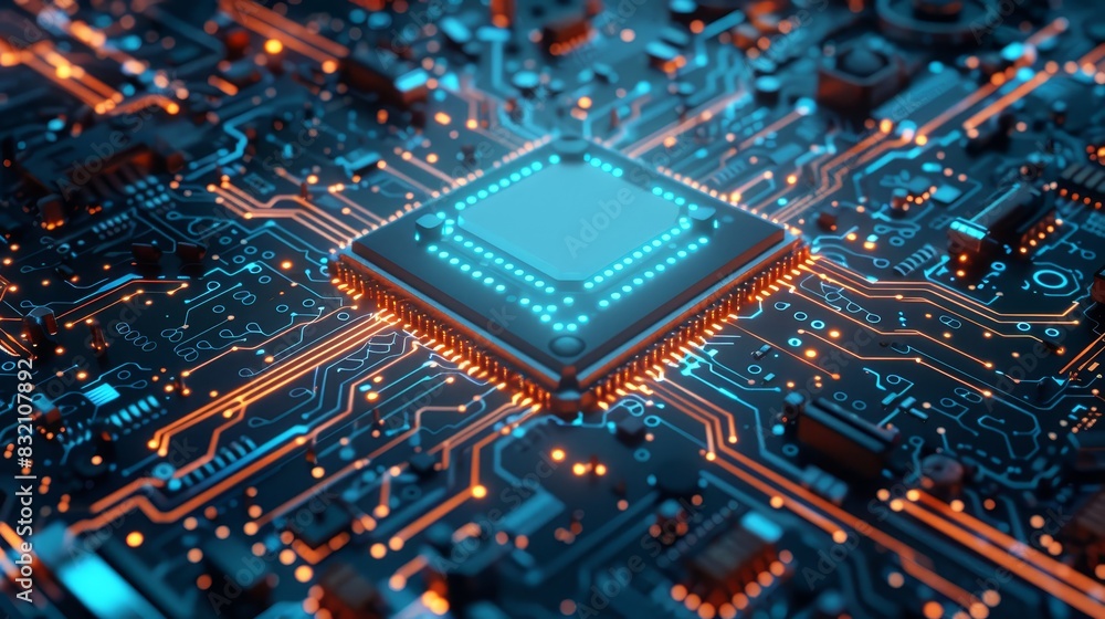 Poster vibrant circuit board with a glowing blue processor, showcasing the power and complexity of modern c