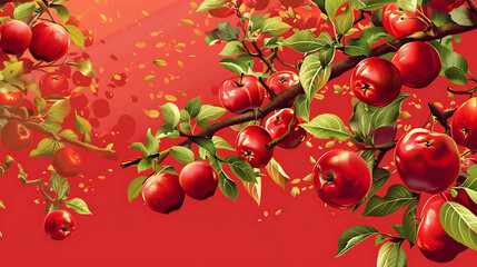 Red apples on a tree with green leaves on a red background, with a painterly style.