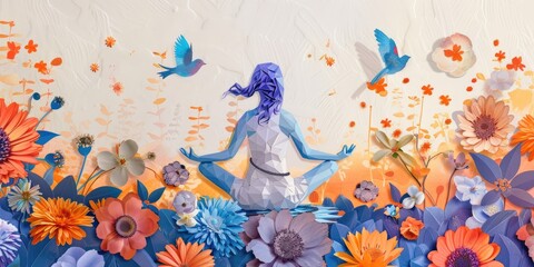 a image of a woman meditating in a field of flowers