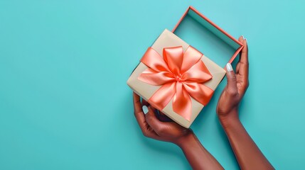 Hands holding a gift box with a large bow on a turquoise background. Perfect for holiday themes or surprise celebrations. Suitable for marketing materials and social media graphics. AI