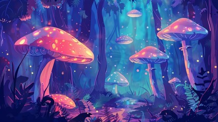 Mystery landscape of a jungle with giant, luminescent mushrooms and hovering spiritlike creatures, solid color, kawaii template sharpen with copy space