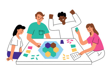 Friends playing board game at table. Composition with cartoon men and women spend time together, leisure activity at home, diverse group having fun. Vector illustration of tabletop game, map and tiles