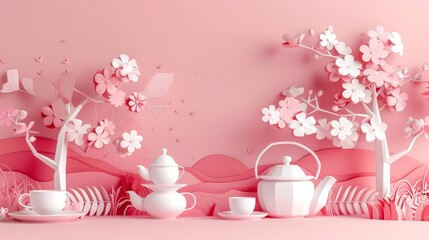 Paper art style of a tranquil Japanese tea ceremony, with intricate tea sets and serene garden background, solid color, kawaii template sharpen with copy space