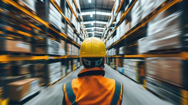 Backview on warehouse worker wearing safety gear and yellow hardhat against blurred slow motion effect for distribution logistics centre