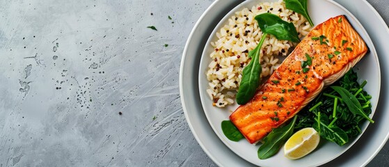 Proper nutrition banner of a balanced meal including baked salmon, brown rice, and sauteed greens, set against a minimalist background