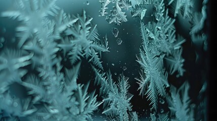 Ice crystals forming intricate patterns on a frozen windowpane