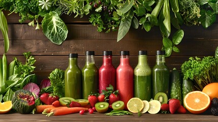 Colorful and fresh organic smoothie bottles with assorted vegetables and fruits on a wooden table. Vibrant and healthy lifestyle concept. Ideal for food and diet imagery. AI