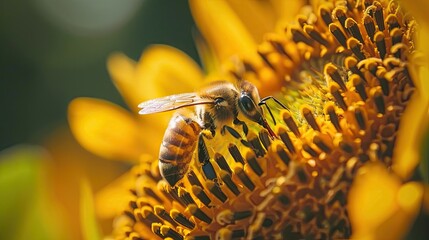 Honey bee collecting nectar from blooming sunflower. Honey, bees in wild, pollinating, pollen, beauty of nature, insects, close up, beekeeping, agriculture, nature protection. Generative by AI.