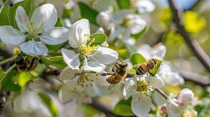 Honey bees pollinating apple blossoms in an orchard. Honey, bees in wild, pollen, white petals, beauty of nature, insects, close up, beekeeping, agriculture, nature protection. Generative by AI.