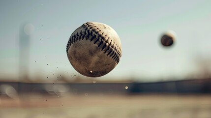 Baseball in flight, throw. Training, competition, American sport, pitch, catcher, hitter, baseball, blur, close up, realistic style, levitating ball, match. Leisure concept. Generative by AI.