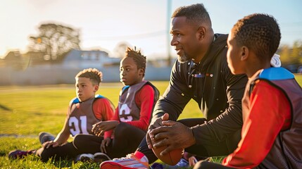 Training, time out, coach gives advice to students. Competition, American football, winning spirit, rugby, fumble, traumatic sport. Discipline concept. Generative by AI.