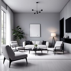 Luxury Living Room in Dark Colors with Gray Walls, Warm Lighting, and Taupe Lounge Chairs. Empty Space for Art or Picture. Rich Interior Design. Mockup of a Lounge Room or Hall Reception. 3D Render.