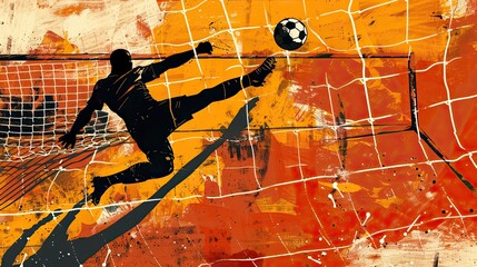 Football player scoring goal, goalkeeper catches ball at goal. Football, game, football field, colors riot, drawn style, dribbling, soccer ball, match, competition. Leisure concept. Generative by AI.