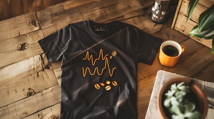 A black t-shirt with an orange EKG-like design and coffee beans scattered on the shirt. The shirt is on a wooden table.