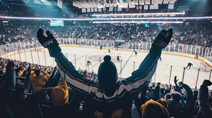 Hockey, fans, show, performance, skates, fans, hands up. Competition, hockey, ice rink, collision, drawn style, puck, stick, traumatic sport, rivalry, match. Generative by AI.