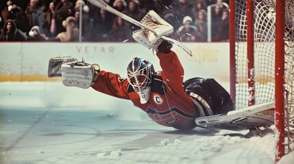 Hockey goalkeeper making a spectacular save at the gate. Competition, hockey, ice rink, collision, realistic style, puck, stick, traumatic sport, rivalry, match. Generative by AI.