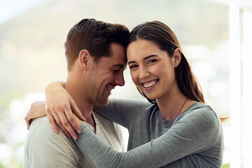 Couple, hug and portrait of woman in home for marriage, date and relationship in apartment....