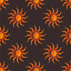 Gradient stylized sun icons on brown background. Vector seamless pattern.