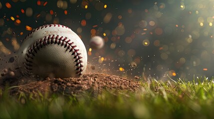 Baseball on the ground, throw. Training, competition, American sport, pitcher, catcher, hitter, baseball, blur, close up, realistic style, match. Leisure concept. Generative by AI.
