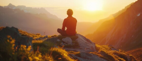 Man Meditating on Mountain at Sunset.