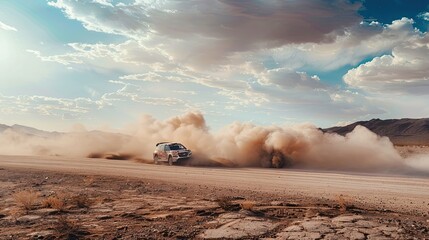 Rally cars kick up dust on a rough desert track. Mexico, desert, high speeds, training ride, racing, car simulators, image for poster, intensity and excitement, off road racing. Generative by AI.