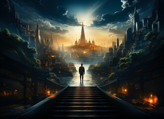 Man standing on the stairs and looking at fantasy city