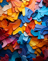 Colorful puzzle pieces are piled on top of each other.