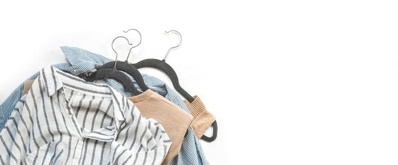 Second hand clothes, used wardrobe. Circular fashion, fast fashion, eco-friendly sustainable shopping, clothing recycling, top view,eco friendly, retail,no waste