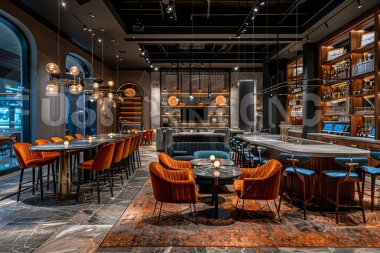 Modern luxury restaurant interior with stylish bar, ambient lighting, and elegant decor, creating a sophisticated dining experience