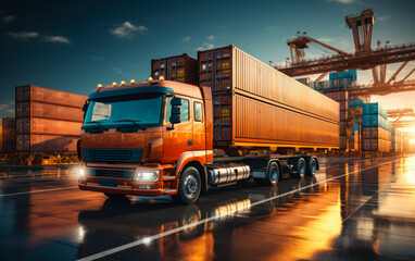 Truck transports container in the sea port at sunset