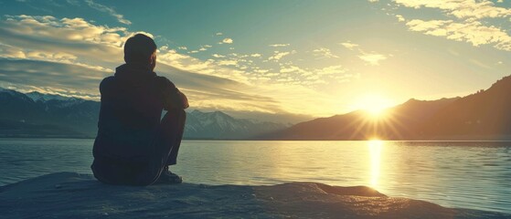 Man Reflecting by Mountain Lake at Sunrise.