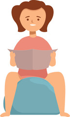 Illustration of a young woman concentrating on a book while sitting on a blue exercise ball