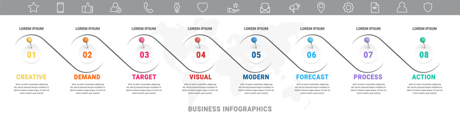 Vector timeline infographics template with eight circles and options. Modern Timeline infograph with 8 steps. Futuristic Template
