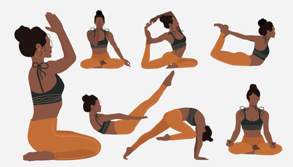 Set of flat black girls doing yoga vector . Bundle of African American women in different poses. Exercises for health, posture, relaxation, meditation, concentration.